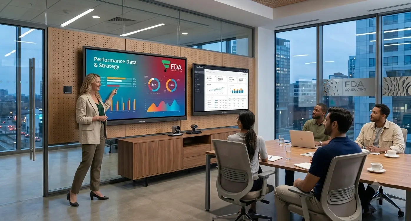 Salle de réunion équipée d'écrans interactifs pendant une présentation
