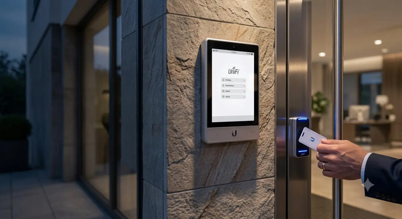 Lecteur de badge et portier vidéo à l'entrée d'un bâtiment professionnel